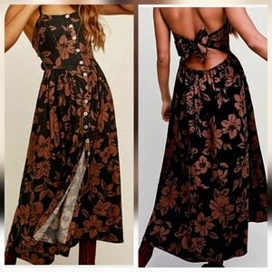 Free People The Perfect Sundress Brown Black Print Open Back Maxi Dress